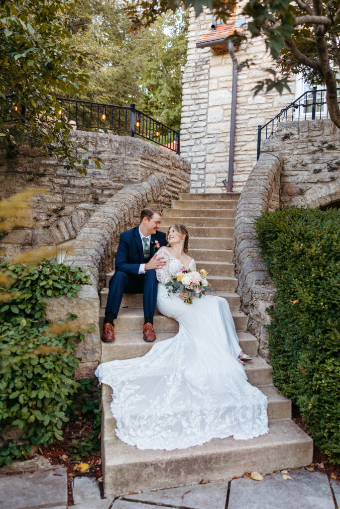 bride and groom embrace at The Inns at St. Albans