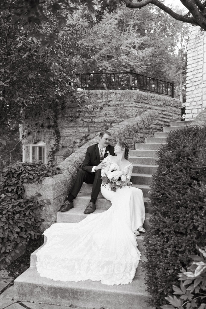 bride and groom embrace at The Inns at St. Albans
