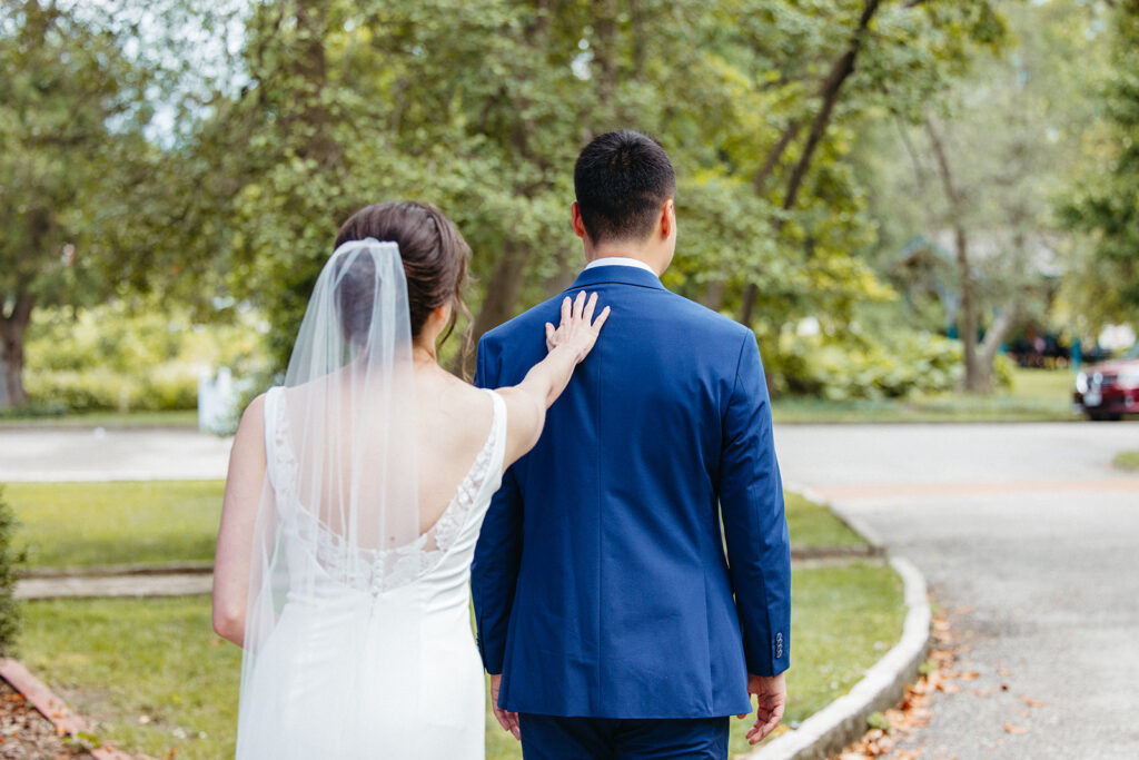 Bride and Groom first look Piper Palm House wedding Tower Grove St. Louis