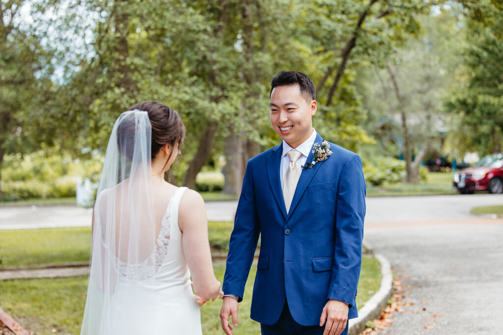 Bride and Groom first look Piper Palm House wedding Tower Grove St. Louis