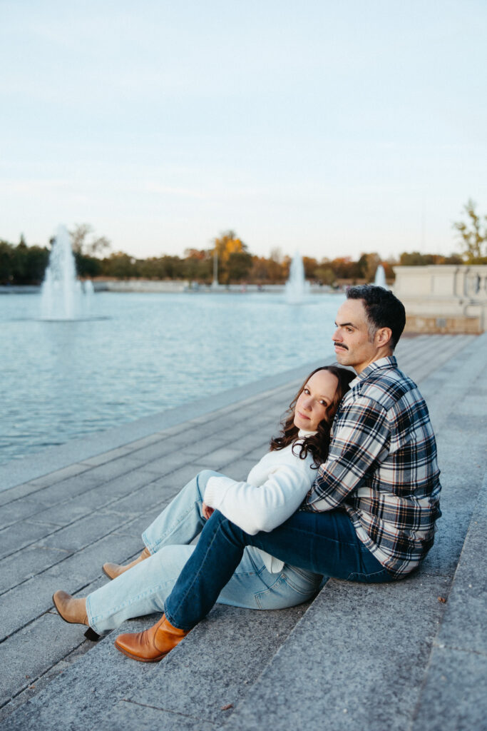 St. Louis wedding photographer with engaged couple in fall Forest Park
