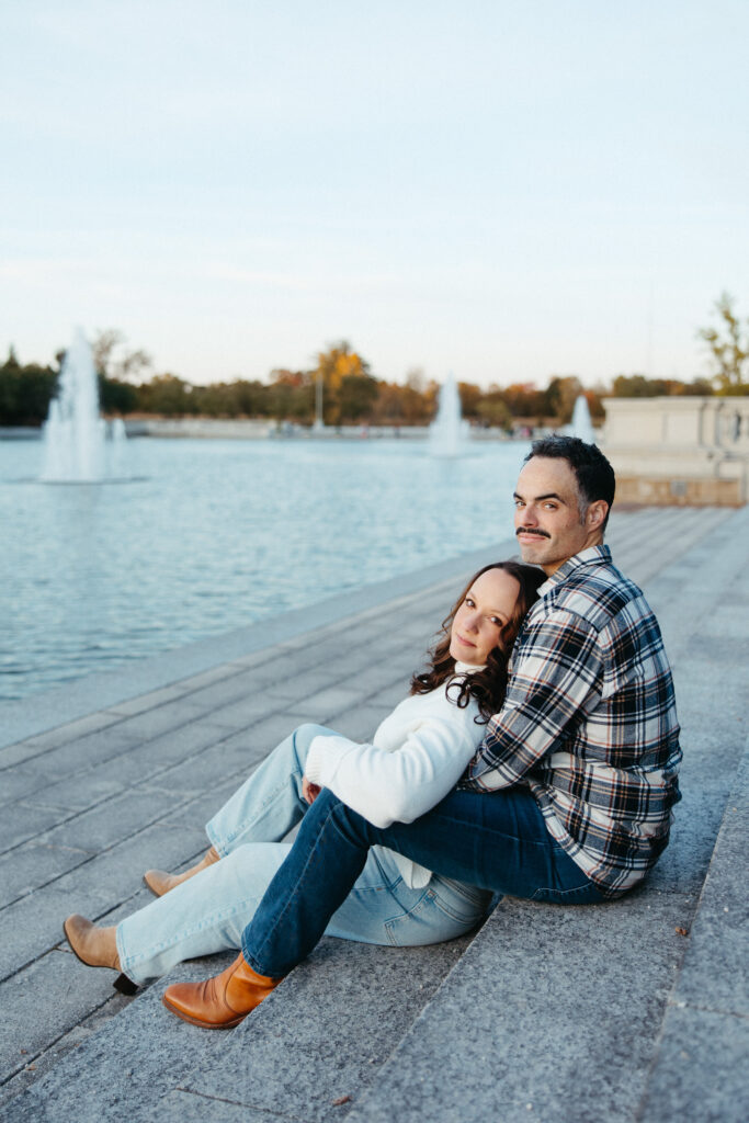 St. Louis wedding photographer with engaged couple in fall Forest Park
